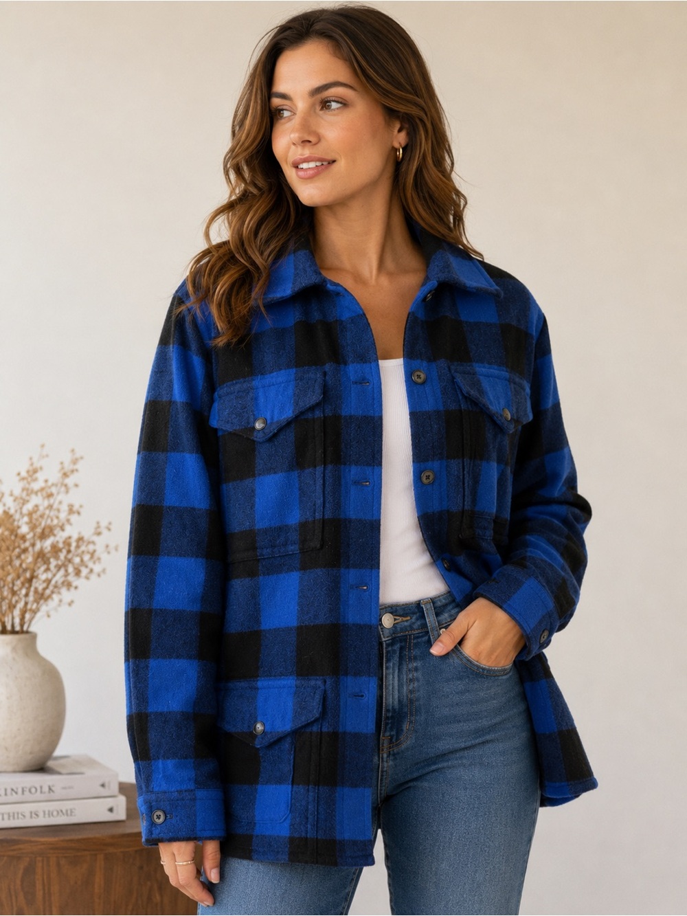 Lauren Ralph Lauren Blue Black Buffalo Plaid Wool Blend Shacket Jacket Petite 12